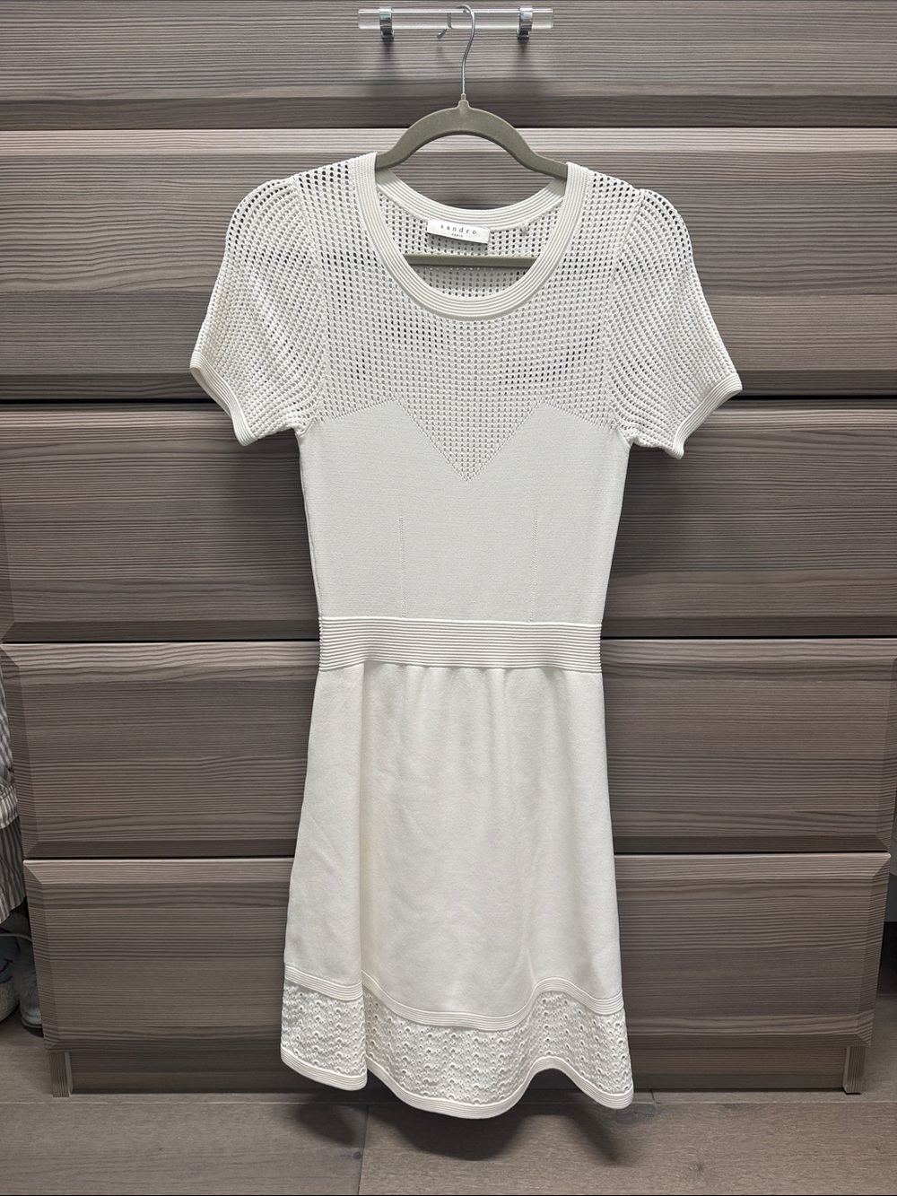 Sandro Cream Knit Short-Sleeve Mini Dress